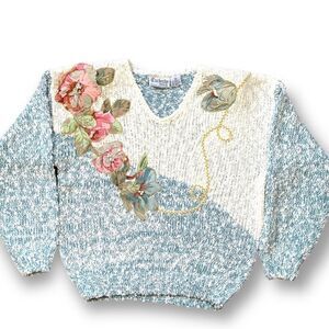 Vintage 90s Sweater Blue Oatmeal Floral Pearl Detail Neutral Cropped Knit